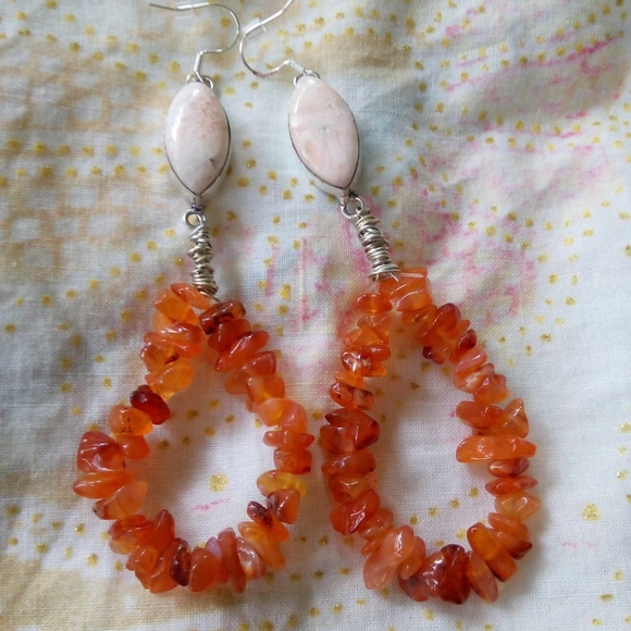 ❤ Southwestern Style Sterling Silver Coral & Carnelian Drop Earrings - Picture 2 of 4